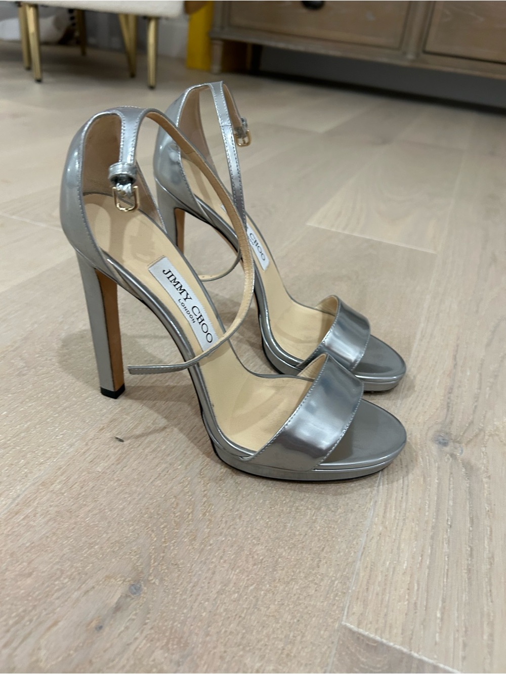 Jimmy Choo Metallic Silver Patent Leather Strappy High Heels